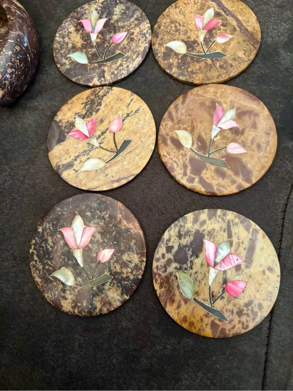 Rare Vintage Agate Stone Mother of Pearl Handmaid Carved Trinket Box & Coasters